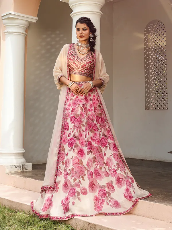 Baby pink floral printed satin lehenga choli