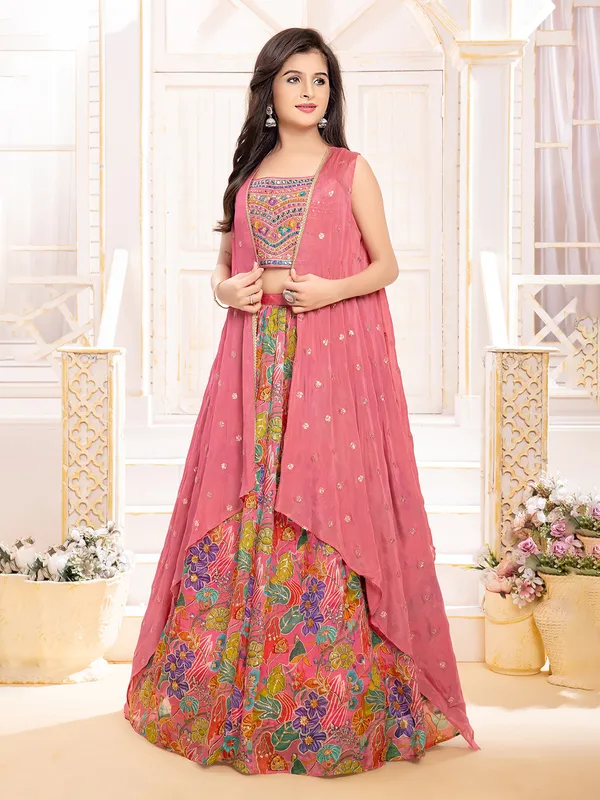 Baby pink silk lehenga choli with shrug style