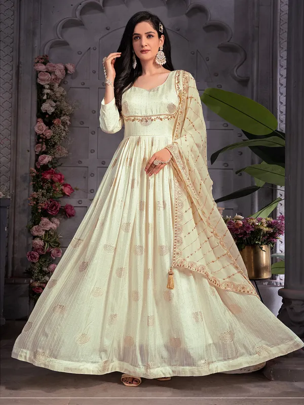 Banarasi silk cream anarkali suit for wedding