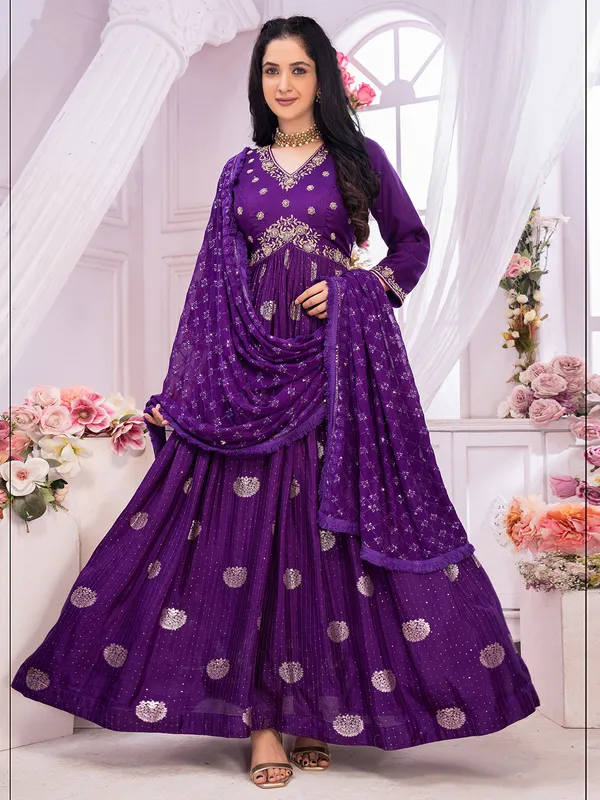 Banarasi silk dark purple anarkali suit