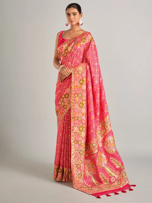Bandhani printed pink silk saree