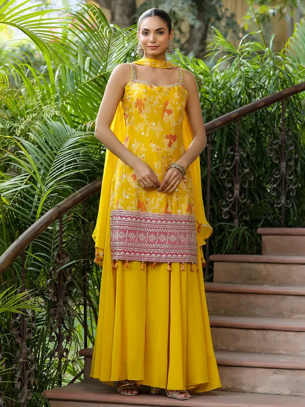 Bandhani printed yellow silk palazzo suit
