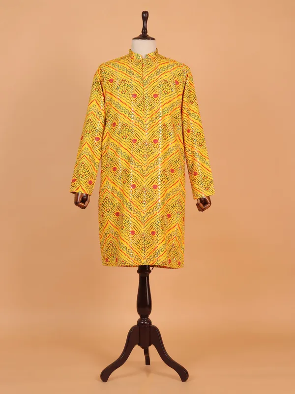 Bandhej printed yellow cotton kurta suit