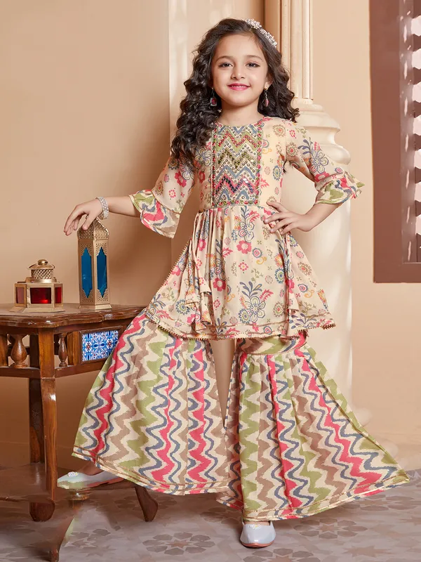 Beautiful beige cotton printed sharara suit