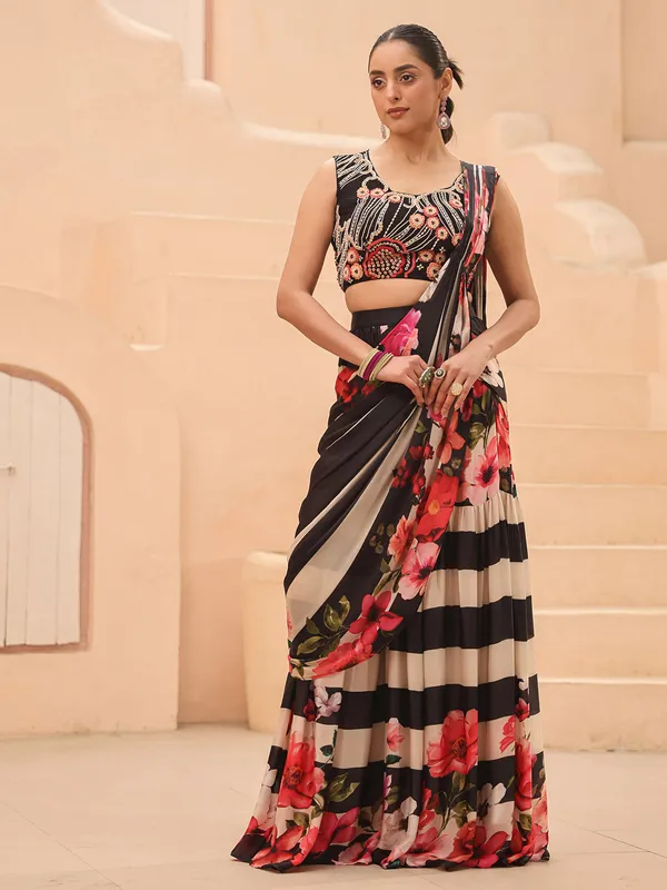 Beautiful black floral printed saree