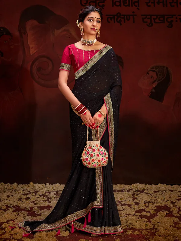 Beautiful black swarovski work silk saree