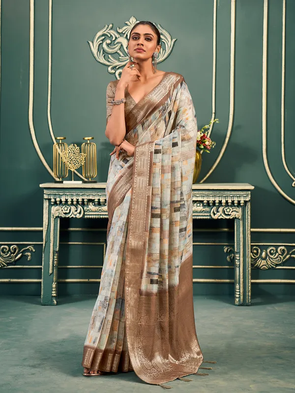 Beautiful brown printed cotton saree