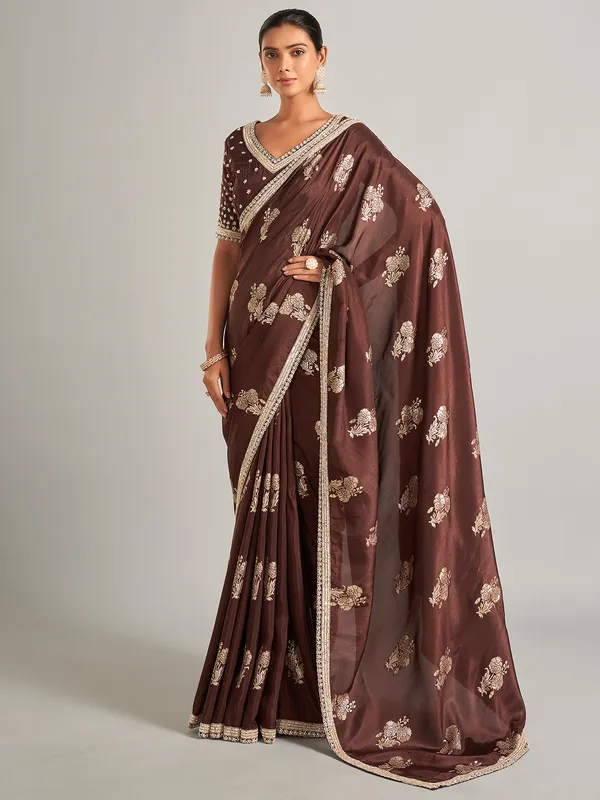 Beautiful brown silk saree in zari work