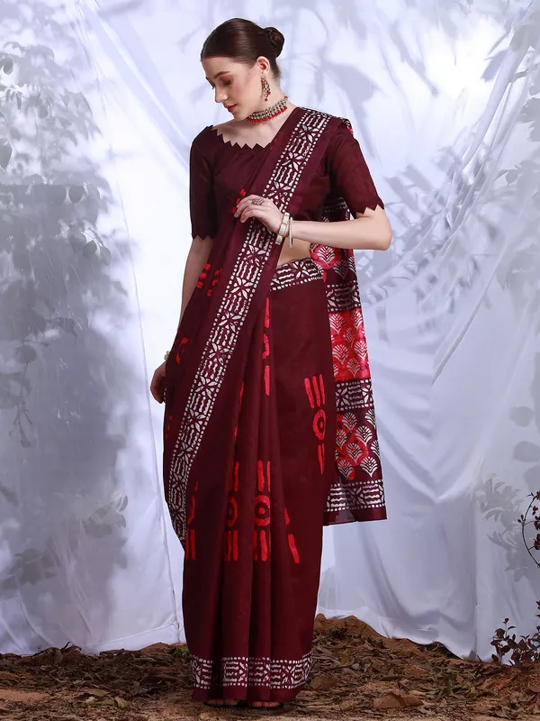 Beautiful dark brown bhagalpuri silk saree with prints