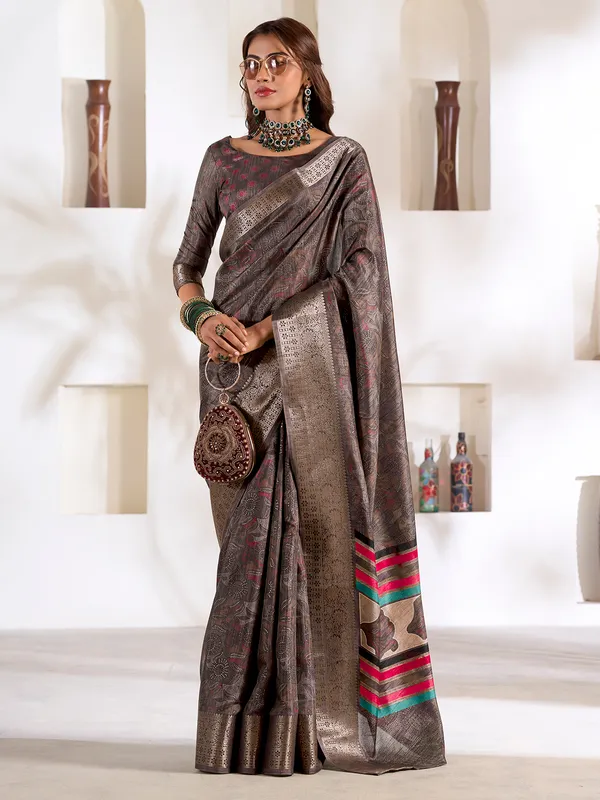 Beautiful dark grey silk saree