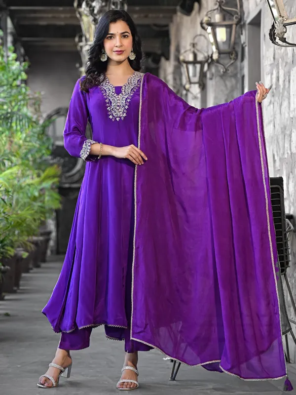 Beautiful dark purple satin silk kurti set