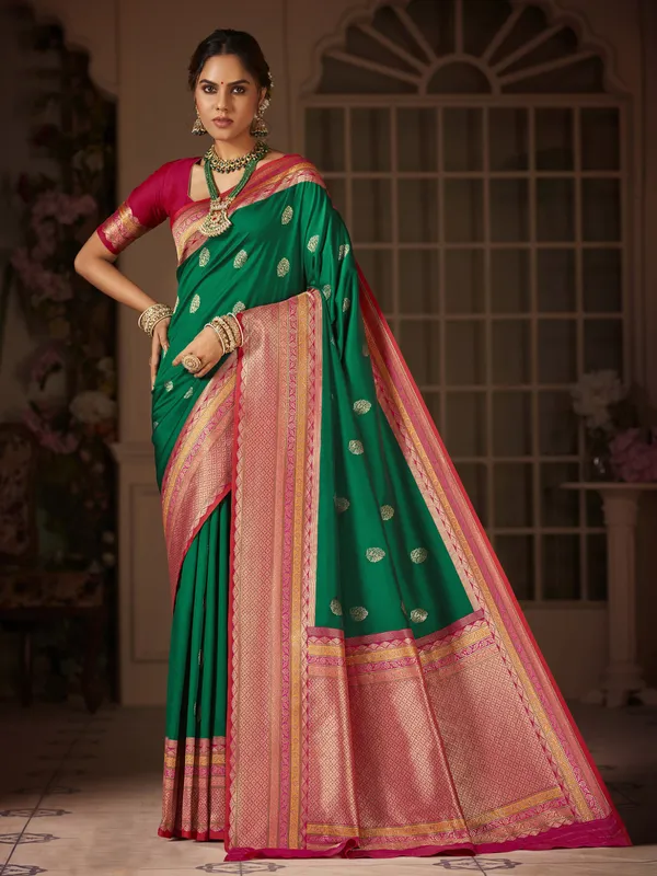 Beautiful green zari weaving silk saree