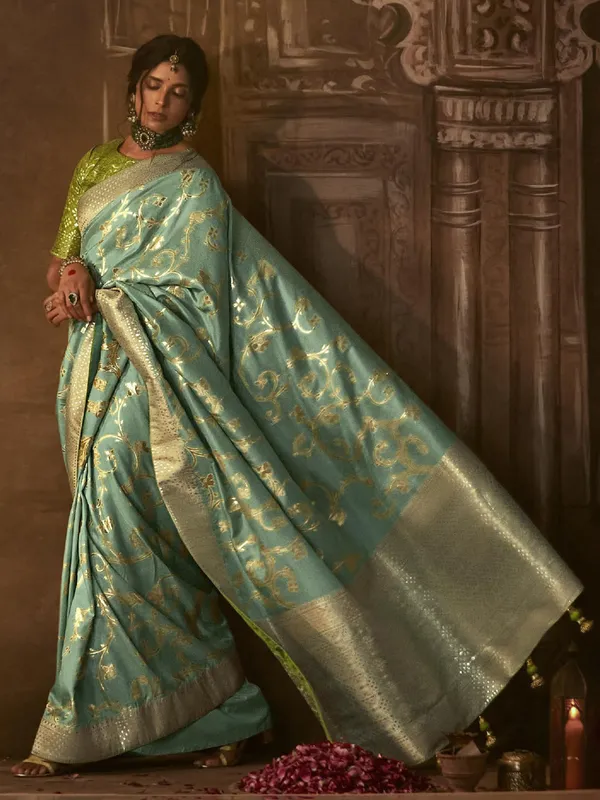 Beautiful mint green dola silk saree