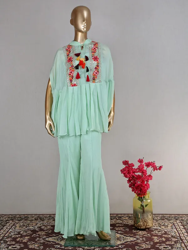 Beautiful mint green georgette co ord set for festive