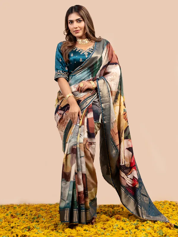 Beautiful multi color printed dola silk saree