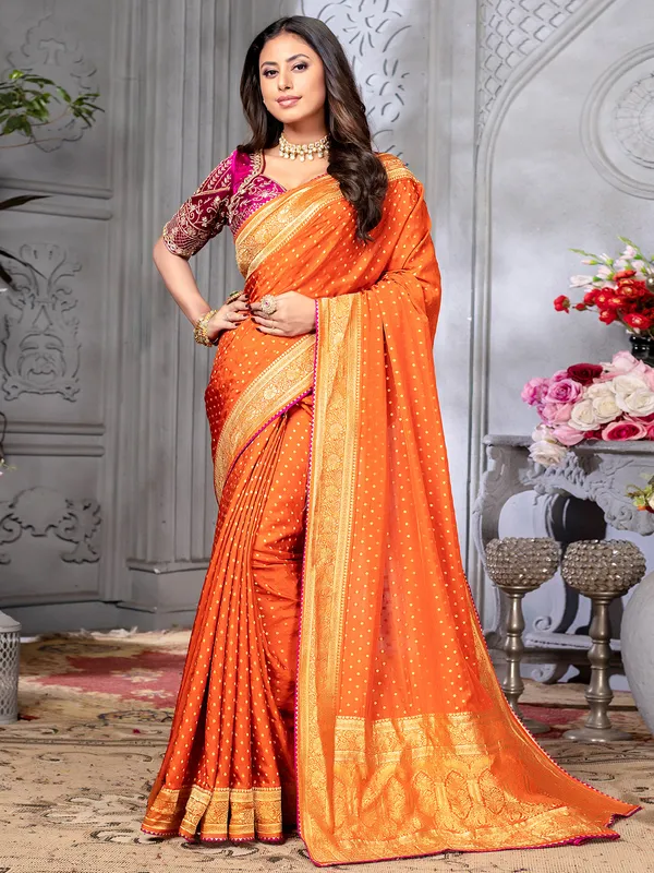 Beautiful orange dola silk saree