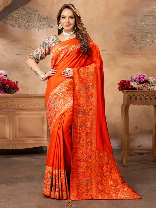 Beautiful orange dola silk saree for wedding