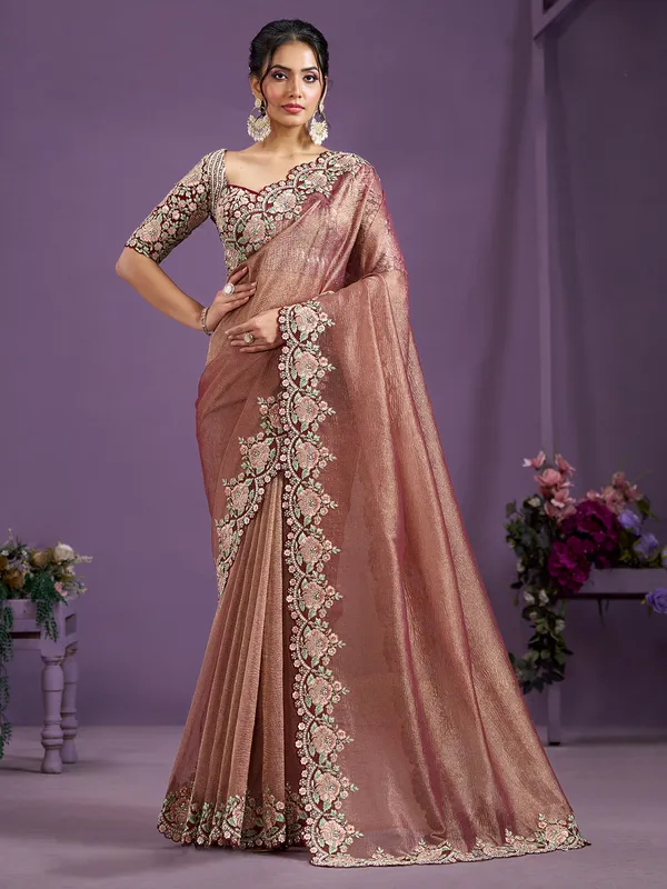 Peach cruss tissue silk saree for wedding