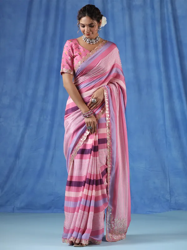 Beautiful Onion pink muslin stripe saree