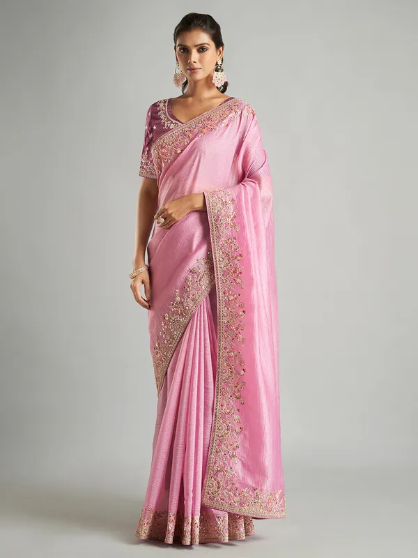 Beautiful pink tissue silk saree for wedding