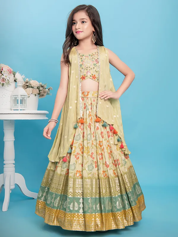 Beautiful pista yellow silk lehenga choli for girls