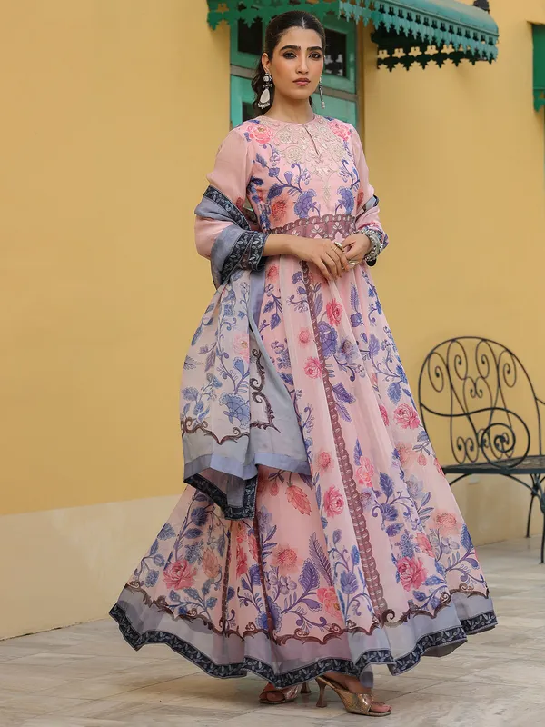 Beautiful printed silk light pink flooor length suit