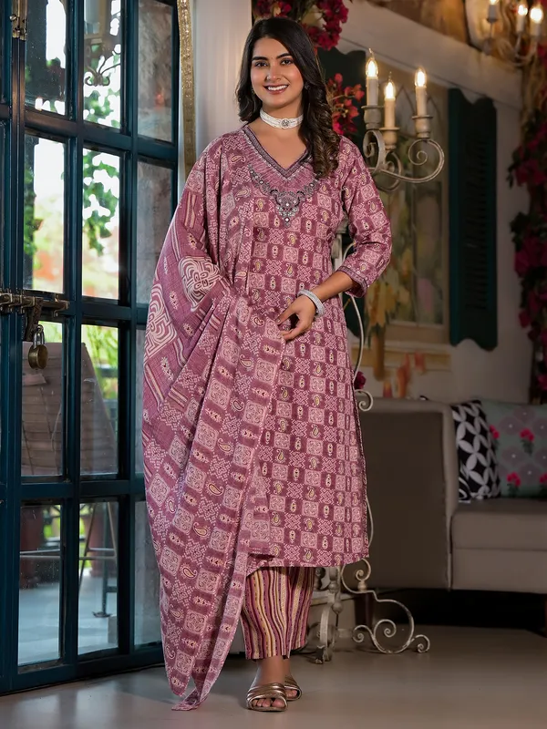 Beautiful purple cotton printed kurti set