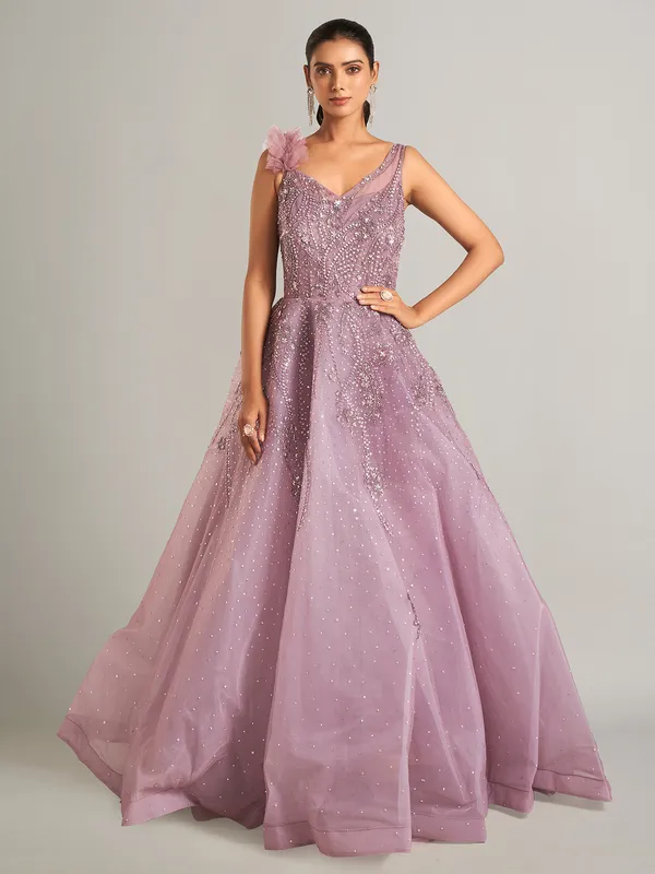 Beautiful purple net gown for party wear