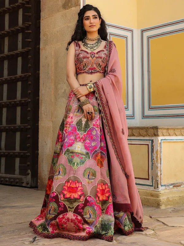 Beautiful silk wine lehenga choli with print