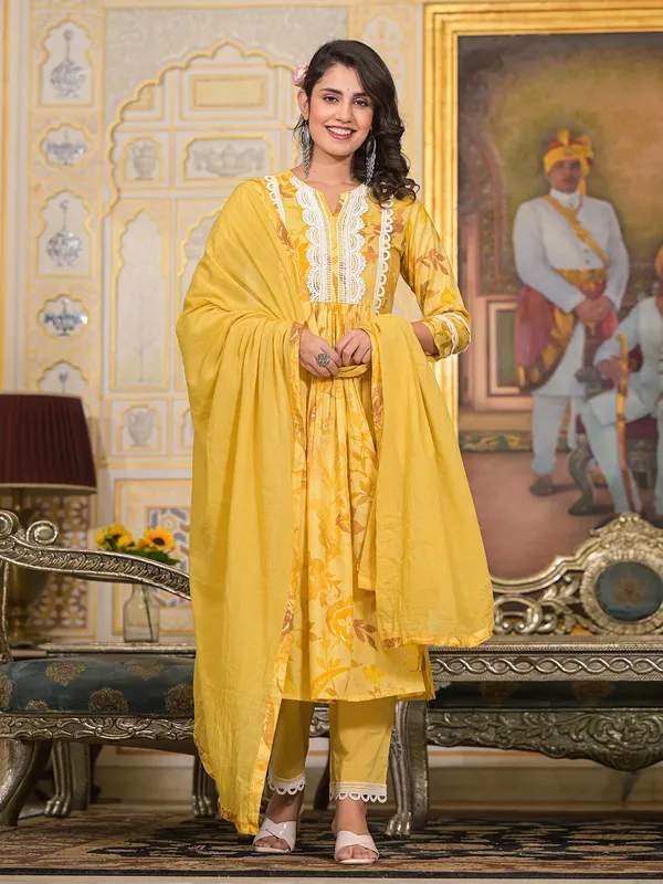 Beautiful yellow cotton printed kurti set