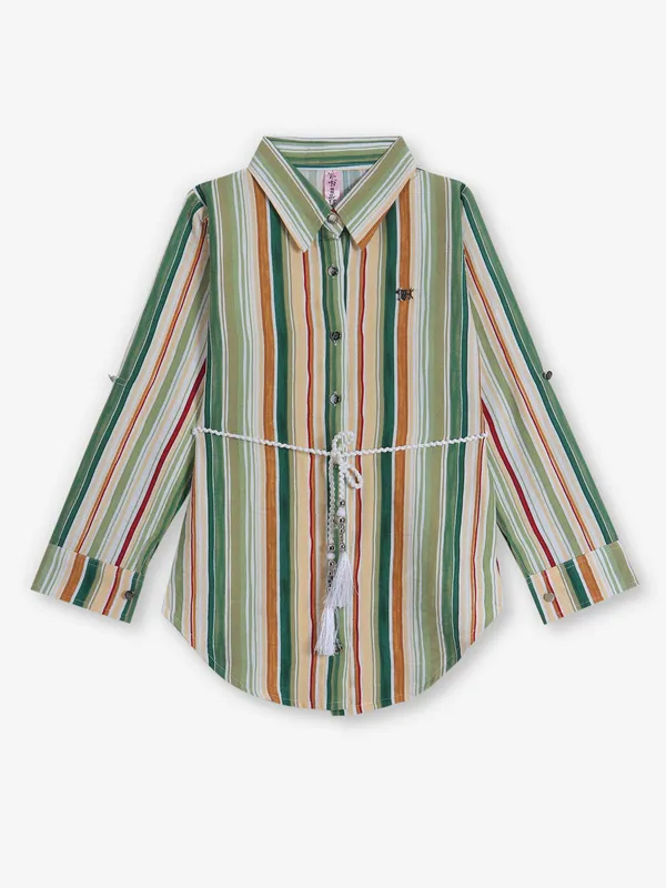 BEE HONEY stripe green silk shirt