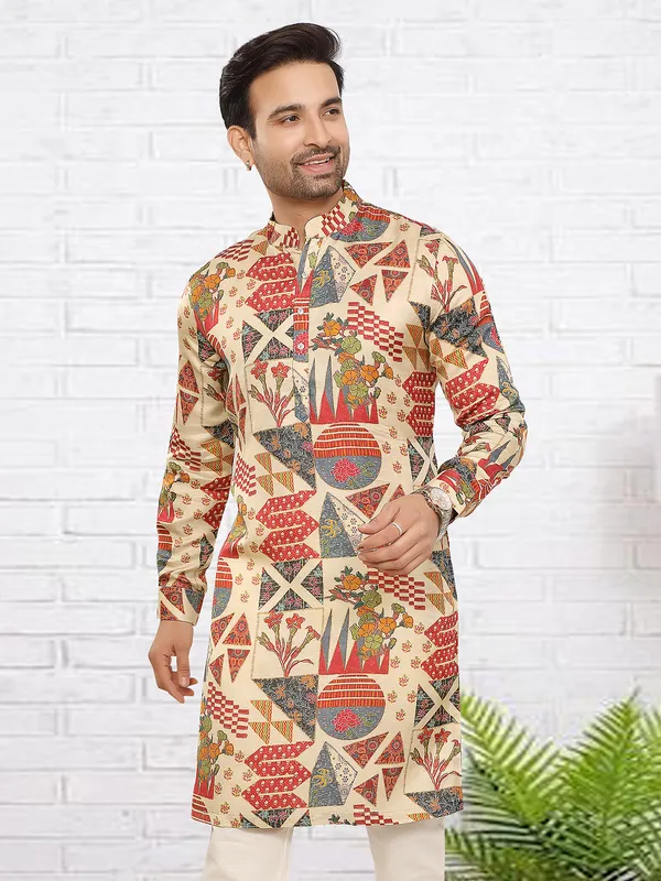 Beige abstract floral printed kurta for festive