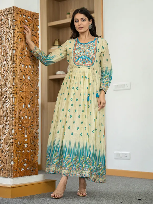 Beige and blue cotton silk printed kurti with embroidery