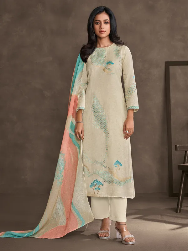 Beige and blue cotton silk salwar suit