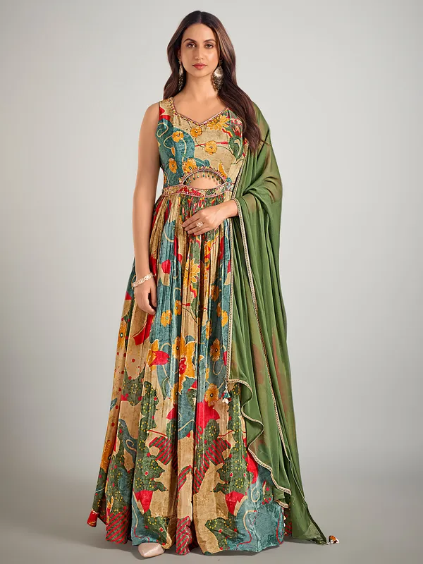 Beige and blue designer suit in silk