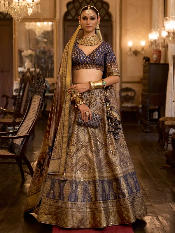 Beige and blue printed silk lehenga choli