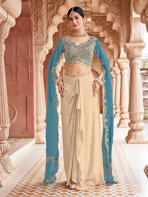 Beige and blue satin silk indo western suit
