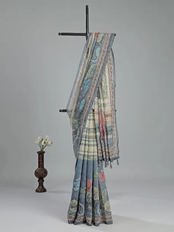 Beige and blue semi cotton saree