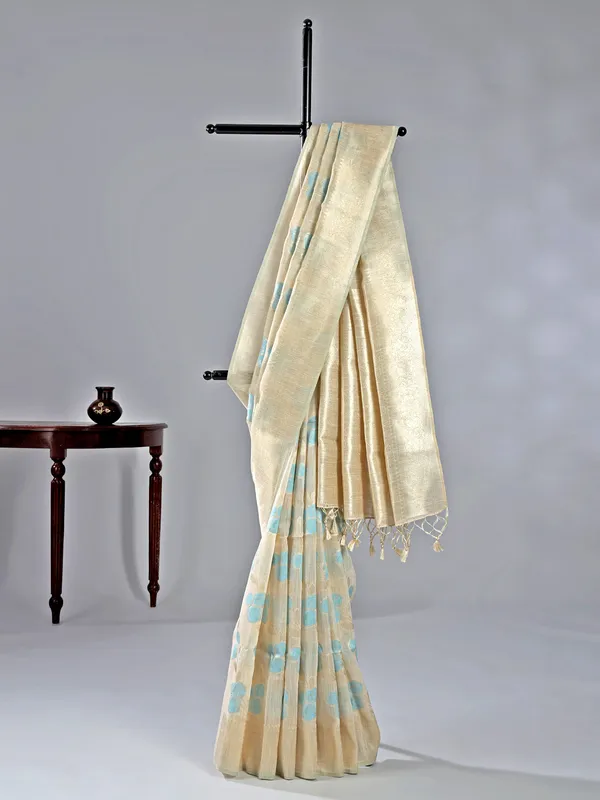 Beige and blue semi cotton silk saree with unstitched blouse