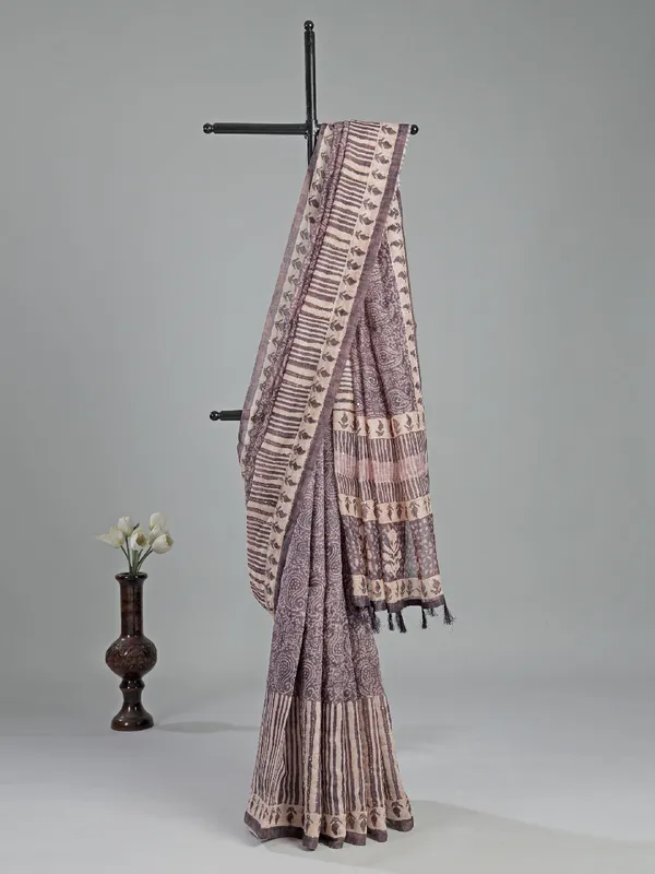 Beige and brown printed semi cotton saree