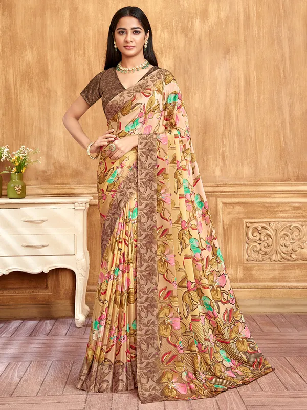 Beige and brown saree in crepe