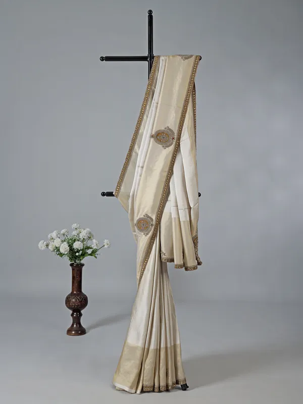 Beige and gold silk wedding zardosi saree