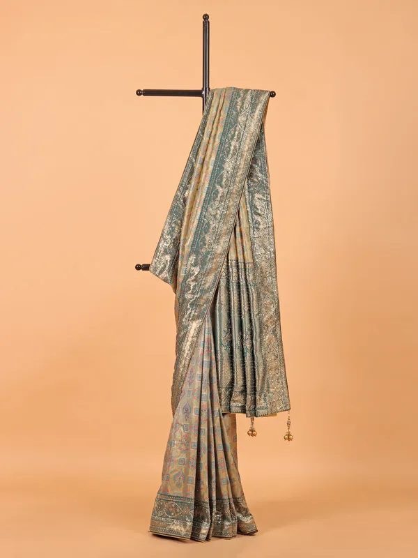 Beige and green dola silk wedding wear saree
