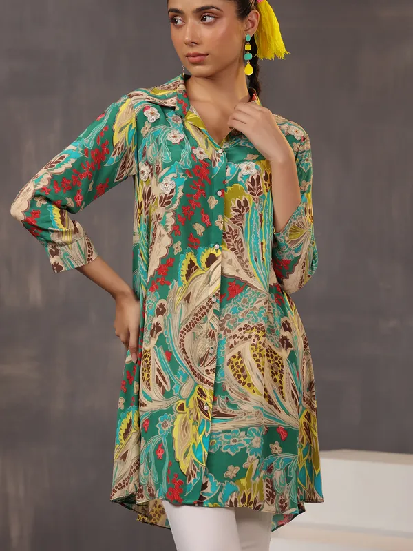 Beige and green printed silk tunic top