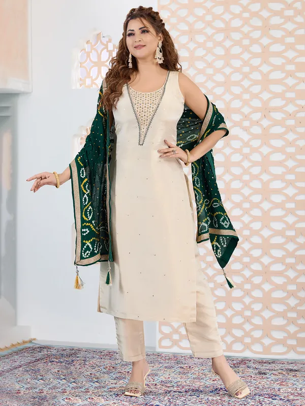 Beige and green silk salwar suit with dupatta