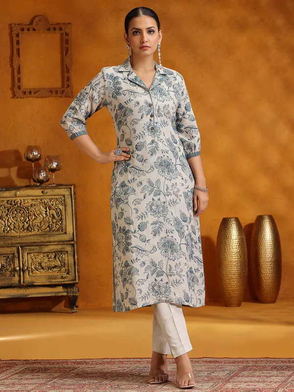 Beige and grey printed cotton silk salwar suit