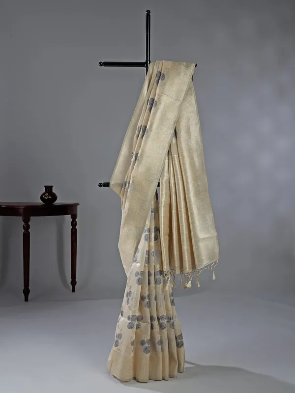 Beige and grey zari woven cotton silk saree for women