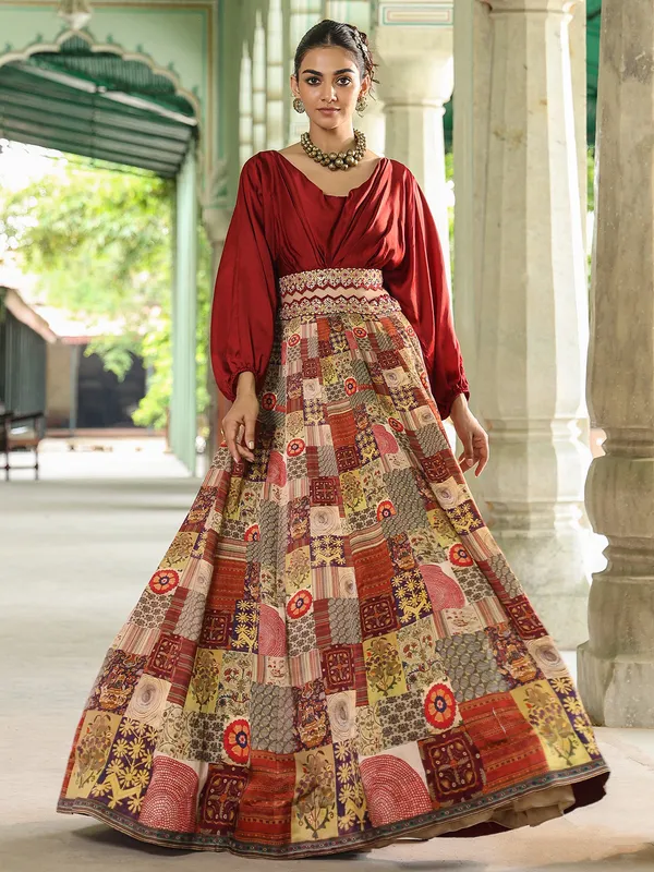 Beige and maroon printed silk lehenga choli