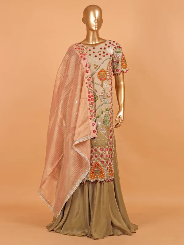 Beige and olive cotton silk palazzo suit