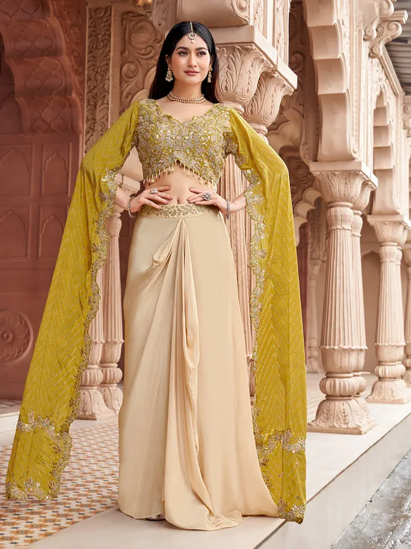 Beige and olive satin silk indo western Suit